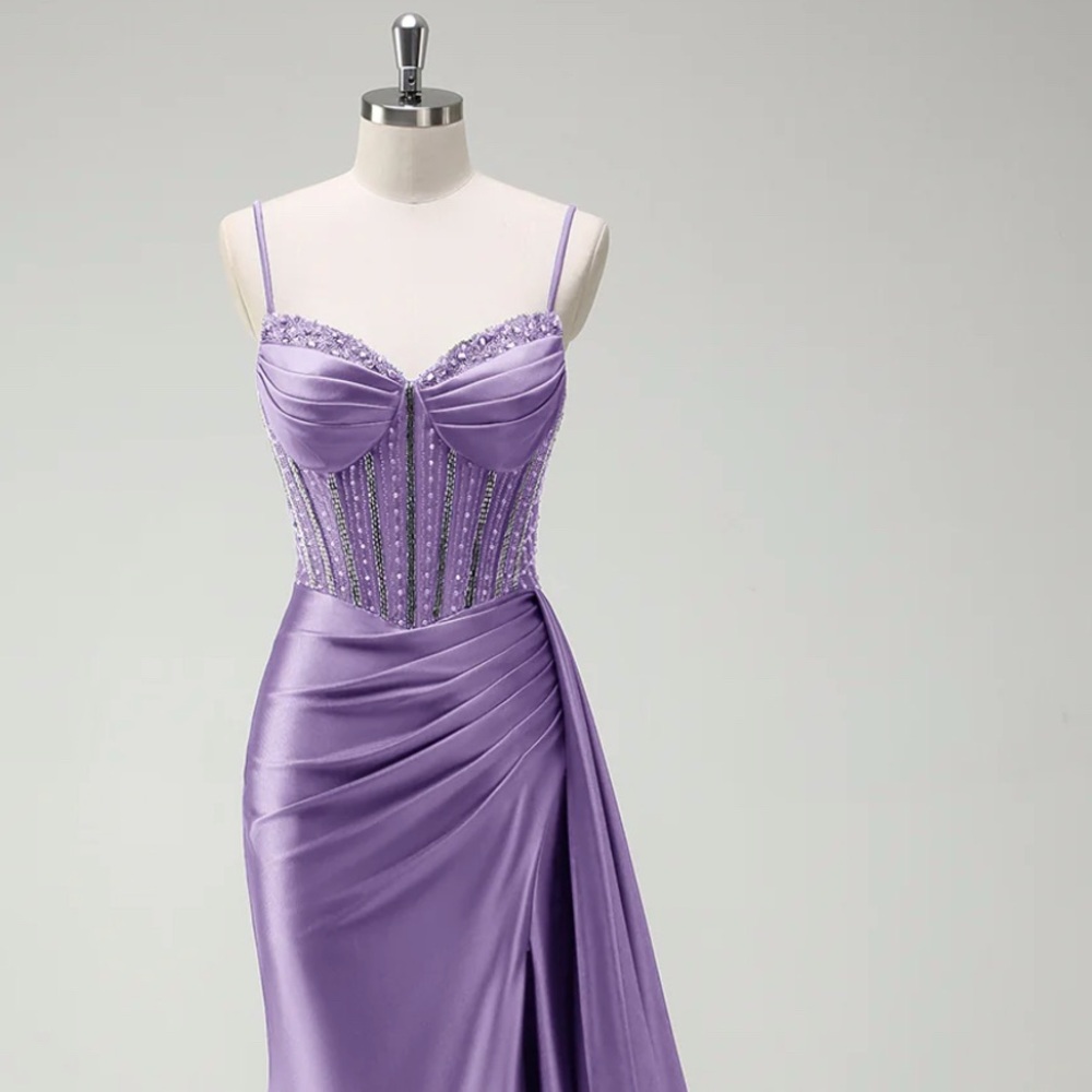Sparkly Purple Mermaid Beaded Corset Ruched Satin Long Prom Dress With Slit